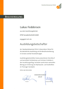 Urkunde Lukas Feddersen ist Ausbildungsbotschafter 2022